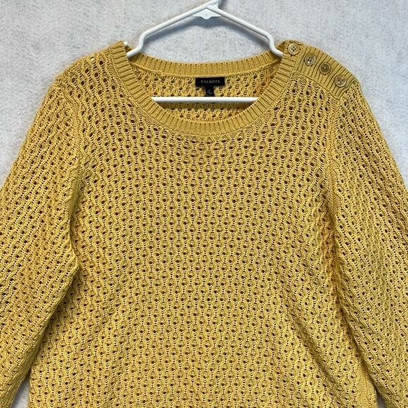 TALBOTS Sweater Women’s Large Yellow Lambswool Blend Open Knit Pullover Soft - Picture 2 of 12